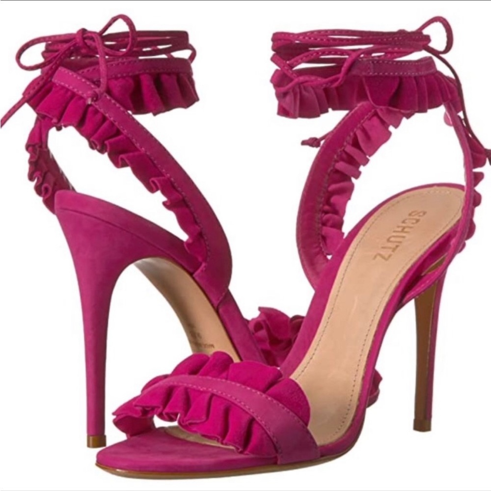 Schutz Irem Ruffle Heeled Sandals in
Bright Rose 9